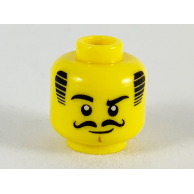 yellow minifigure head black hair eyebrows eyes and moustache raised right eyebrow pattern