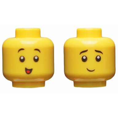 yellow minifigure head dual sided child black eyebrows open mouth smile with red tongue grin pattern
