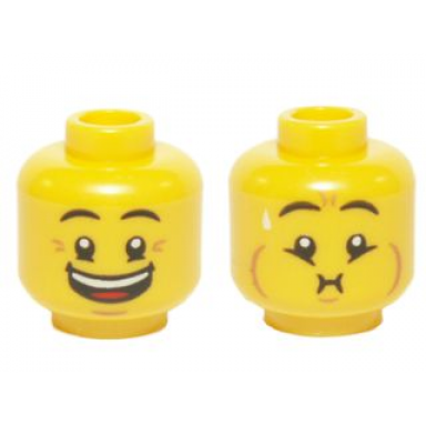 yellow minifigure head dual sided eyebrows crows feet open mouth big smile queasy expression with sweat drop pattern