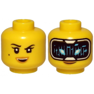 yellow minifigure head dual sided female black eyebrows beauty mark smile hud with black screen medium azure highlights pattern