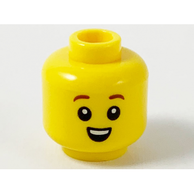 yellow minifigure head child reddish brown eyebrows open mouth smile with top teeth pattern