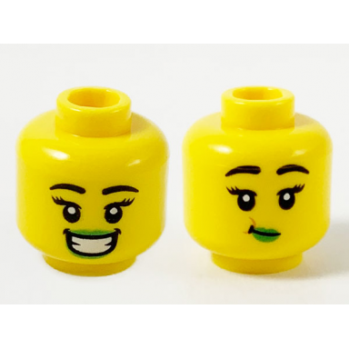 yellow minifigure head dual sided female black eyebrows bright green lips large smile eating pattern