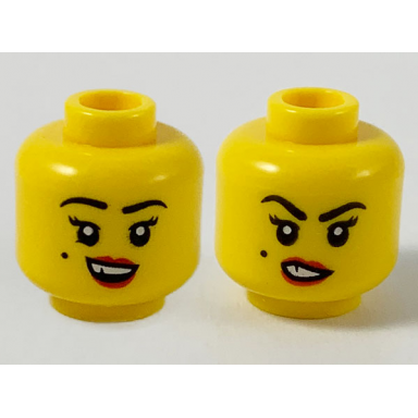 yellow minifigure head dual sided female black eyebrows and beauty mark on right cheek red lips and chipped tooth smile sneer pattern