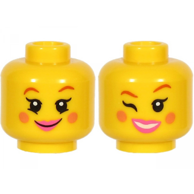 yellow minifigure head dual sided female reddish brown eyebrows nougat cheeks dark pink lips smile open mouth and winking pattern bam