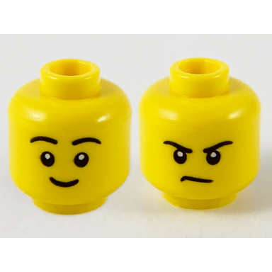 yellow minifigure head dual sided black eyebrows grin frown pattern