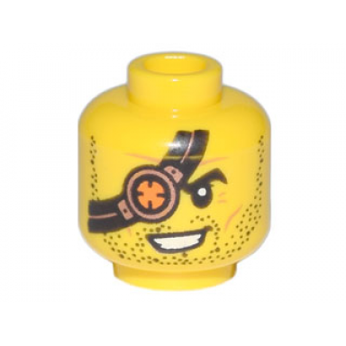 yellow minifigure head beard stubble black eye patch with copper and orange eyepiece pattern