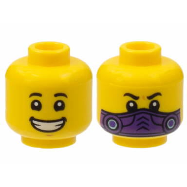 yellow minifigure head dual sided child black eyebrows wide smile with teeth dark purple mask pattern