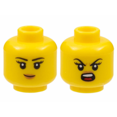 yellow minifigure head dual sided female black eyebrows peach nougat lips grin roaring pattern