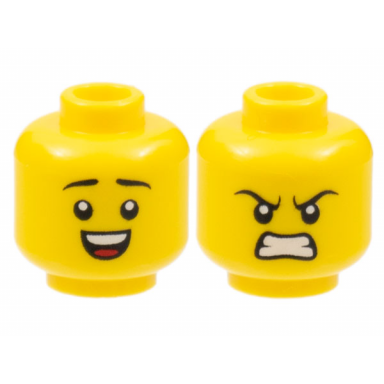 yellow minifigure head dual sided black eyebrows smile with teeth and tongue scowl pattern
