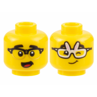 yellow minifigure head dual sided black eyebrows black and gold glasses and open mouth rabbit glasses winking with lopsided grin pattern