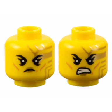 yellow minifigure head dual sided female black eyebrows gold circuitry and lips medium nougat cheek lines frown bared teeth pattern
