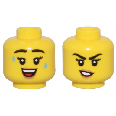 yellow minifigure head dual sided female black eyebrows and eyelashes medium nougat lips sweat drops and open mouth smile crooked mouth pattern