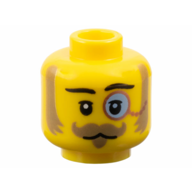 yellow minifigure head black eyebrows upper eyelids dark tan mutton chops curled moustache and soul patch copper monocle with bright light blue lens neutral pattern