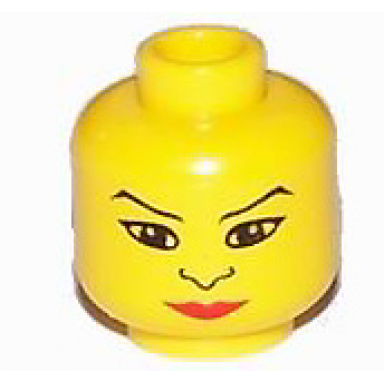 yellow minifigure head female black hair large eyes nose red lips pattern