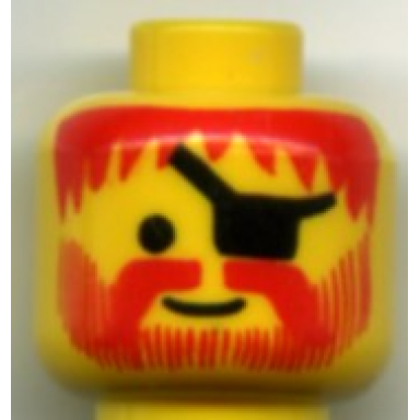 yellow minifigure head standard grin with red messy hair moustache and vertical lines beard black eye patch pattern