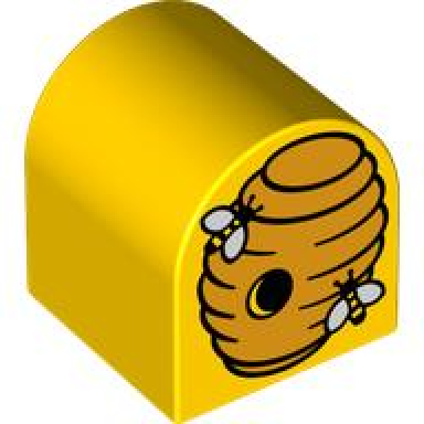 yellow duplo brick 2 x 2 x 2 slope curved double with 2 bees and bright light orange beehive pattern