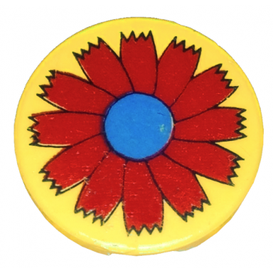 yellow tile round 2 x 2 with scala red flower and blue center pattern