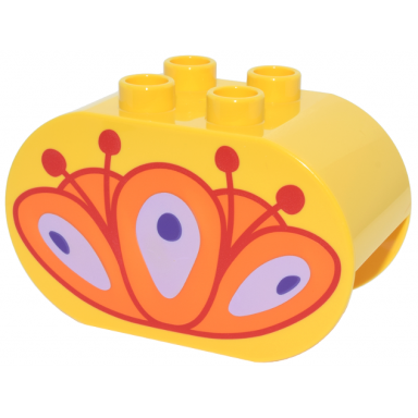 yellow duplo brick 2 x 4 x 2 rounded ends with orange red lavender and dark purple lotus flower pattern