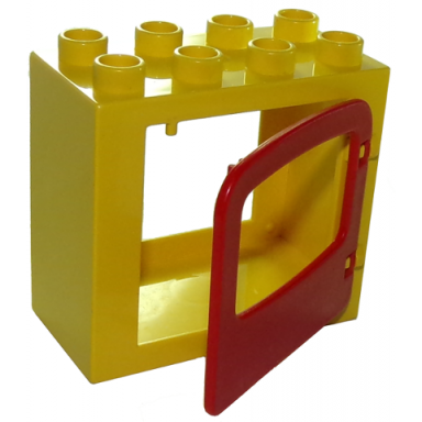 yellow duplo door window frame 2 x 4 x 3 flat front surface with red door window with single pane and interior top clip 4253 4247