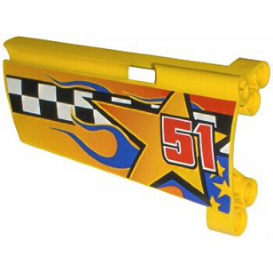 yellow technic panel fairing 21 large long small hole side b with checkered flag stars blue flames and 51 pattern sticker - set 8651