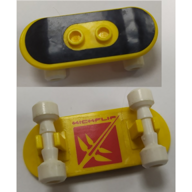 yellow minifigure utensil skateboard with mag wheel holders and white mag wheels with black surface and red skate pattern stickers - set 3537