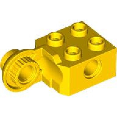 yellow technic brick modified 2 x 2 with pin hole and rotation joint ball half vertical