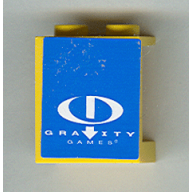 yellow panel 1 x 2 x 2 - hollow studs with white gravity games logo on blue background pattern sticker - set 3538