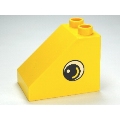 yellow duplo brick 3 x 2 x 2 slope with eye pattern