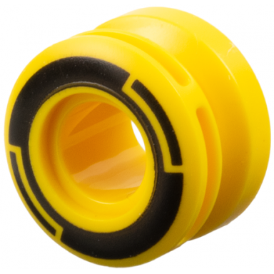 yellow wheel 11mm d x 8mm with center groove 8 spokes and smooth side with black circle and arcs pattern