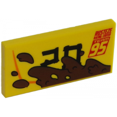 yellow tile 2 x 4 with rusteze racing center team 95 and mud splotches pattern model right side