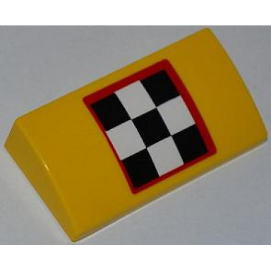 yellow slope curved 2 x 4 x 2 3 with bottom tubes with checkered flag with red outline pattern sticker - set 4643