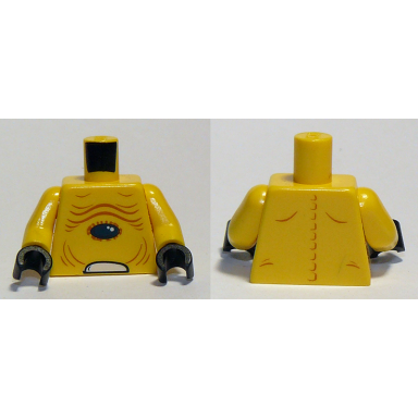 yellow torso alien bare chest with skin folds and dark blue oval pattern yellow arms black hands