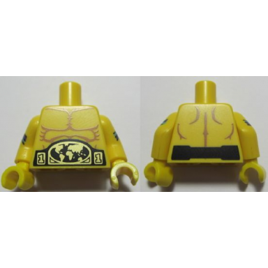 yellow torso bare chest with muscles outline and belt buckle with gold world map pattern yellow arms with medium azure and dark purple stripes pattern yellow hands