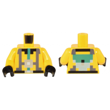 yellow torso pixelated dark bluish gray and dark turquoise harness black belt and collar silver buckle pattern yellow arms black hands