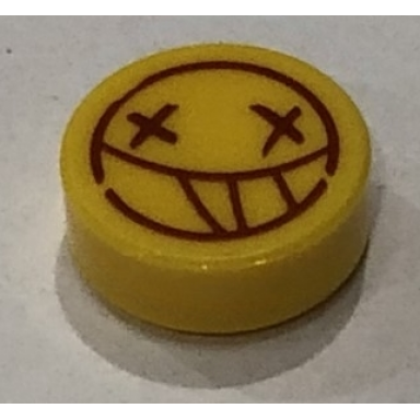 yellow tile round 1 x 1 with smilie face and x eyes pattern