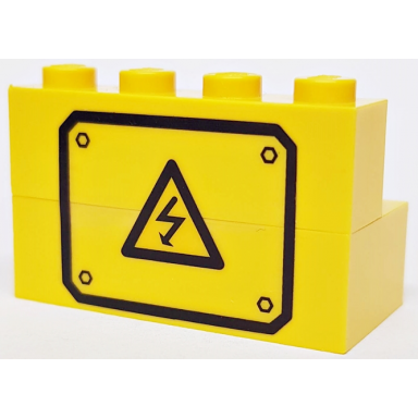 yellow stickered assembly 4 x 2 x 2 with black electricity danger sign and border pattern sticker - set 7243 - 1 brick 1 x 4 1 brick 2 x 4