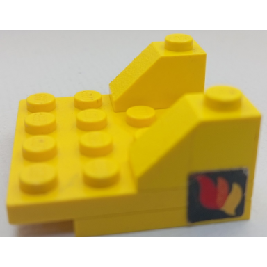 yellow stickered assembly 4 x 4 x 1 2 3 with classic fire logo pattern on both sides stickers - set 6690 - 2 plate 1 x 3 1 plate 4 x 4 2 slope 45 2 x 1