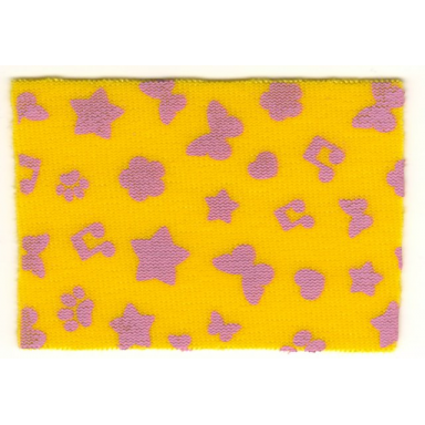 yellow cloth beach towel 5 1 2 x 8 with dark pink butterflies flowers hearts and music notes pattern