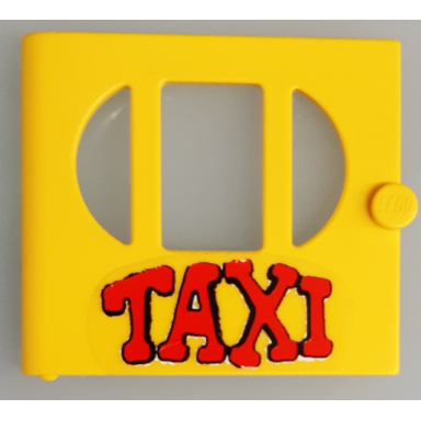 yellow fabuland door with oval pane in 3 sections with taxi pattern sticker - sets 128-1 338-2
