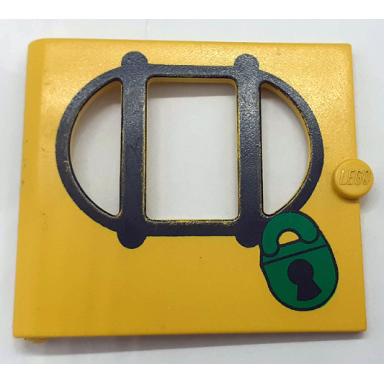 yellow fabuland door with oval pane in 3 sections with black bars and green lock pattern