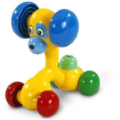 yellow primo rattle dog 3-faced with red and green wheels and blue ears