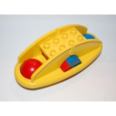 yellow duplo rattle rocking bottom with red blue wheels