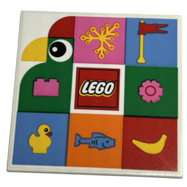 white tile 6 x 6 with bottom tubes with lego logo bird with eye and yellow beak plant leaves flag on antenna brick flower duckling fish and banana pattern sticker - set 40574