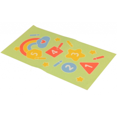 white duplo cloth play rug 5 x 9 cm with coral yellow and medium blue shapes crayons and rainbow on yellowish green background pattern