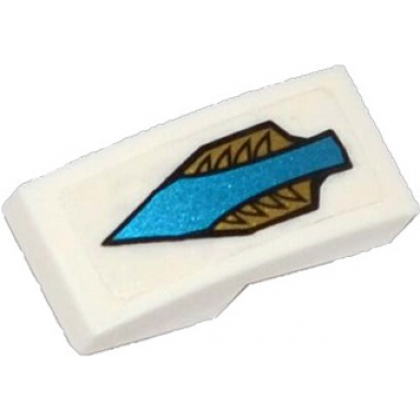 white slope curved 2 x 1 x 2 3 with blue arrow and gold feathers pattern sticker - set 70124