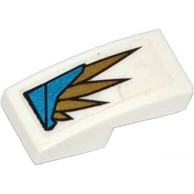 white slope curved 2 x 1 x 2 3 with blue armor plates and gold feathers pattern model left side sticker - set 70124