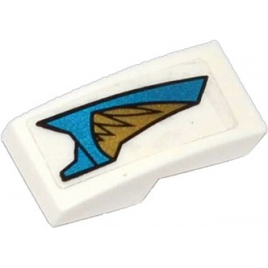 white slope curved 2 x 1 x 2 3 with blue and gold armor plates and gold feathers pattern model left side sticker - set 70124