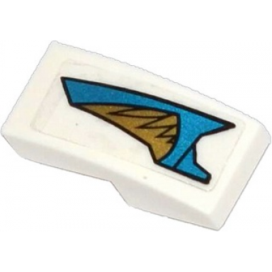 white slope curved 2 x 1 x 2 3 with blue and gold armor plates and gold feathers pattern model right side sticker - set 70124