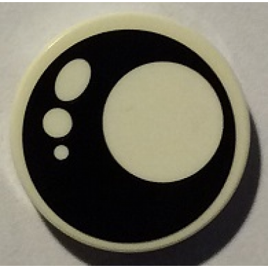 white tile round 2 x 2 with bottom stud holder with black eye with white pupil and 3 white circles pattern model right side sticker - set 40234