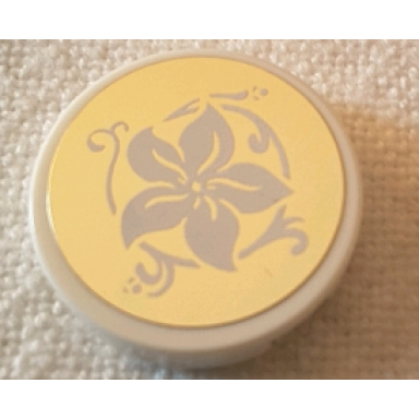 white tile round 2 x 2 with bottom stud holder with white flower on mirrored gold background pattern sticker - set 10257